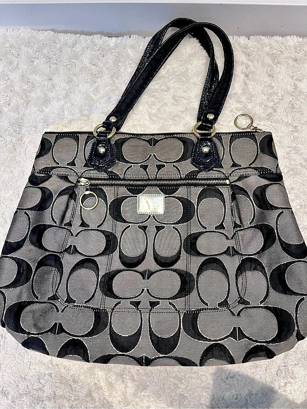 Coach Poppy Signature Glam Tote Shoulder Bag in Black & Gray